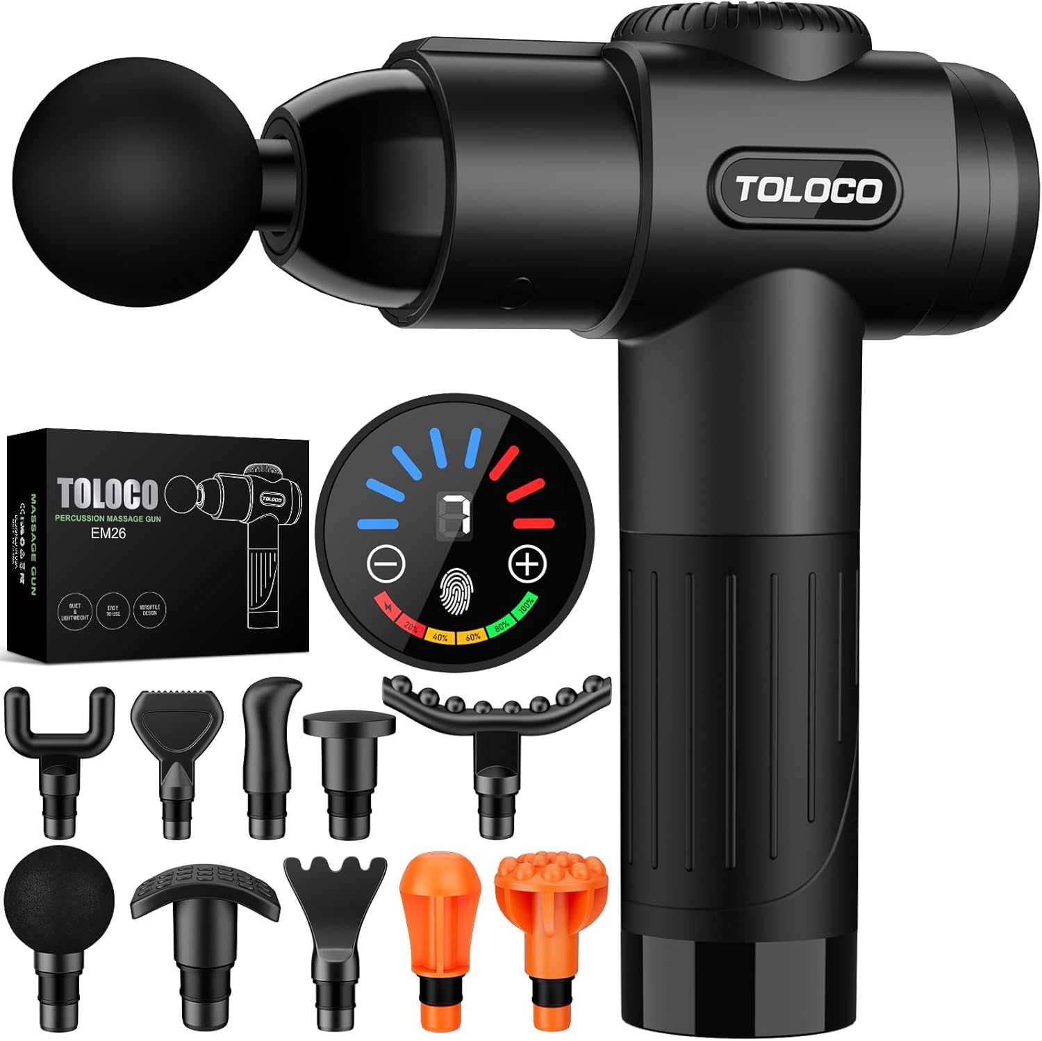 TOLOCO Deep Tissue Massage Gun – Quiet Percussion Massager with 10 Heads for Pain Relief (Black)