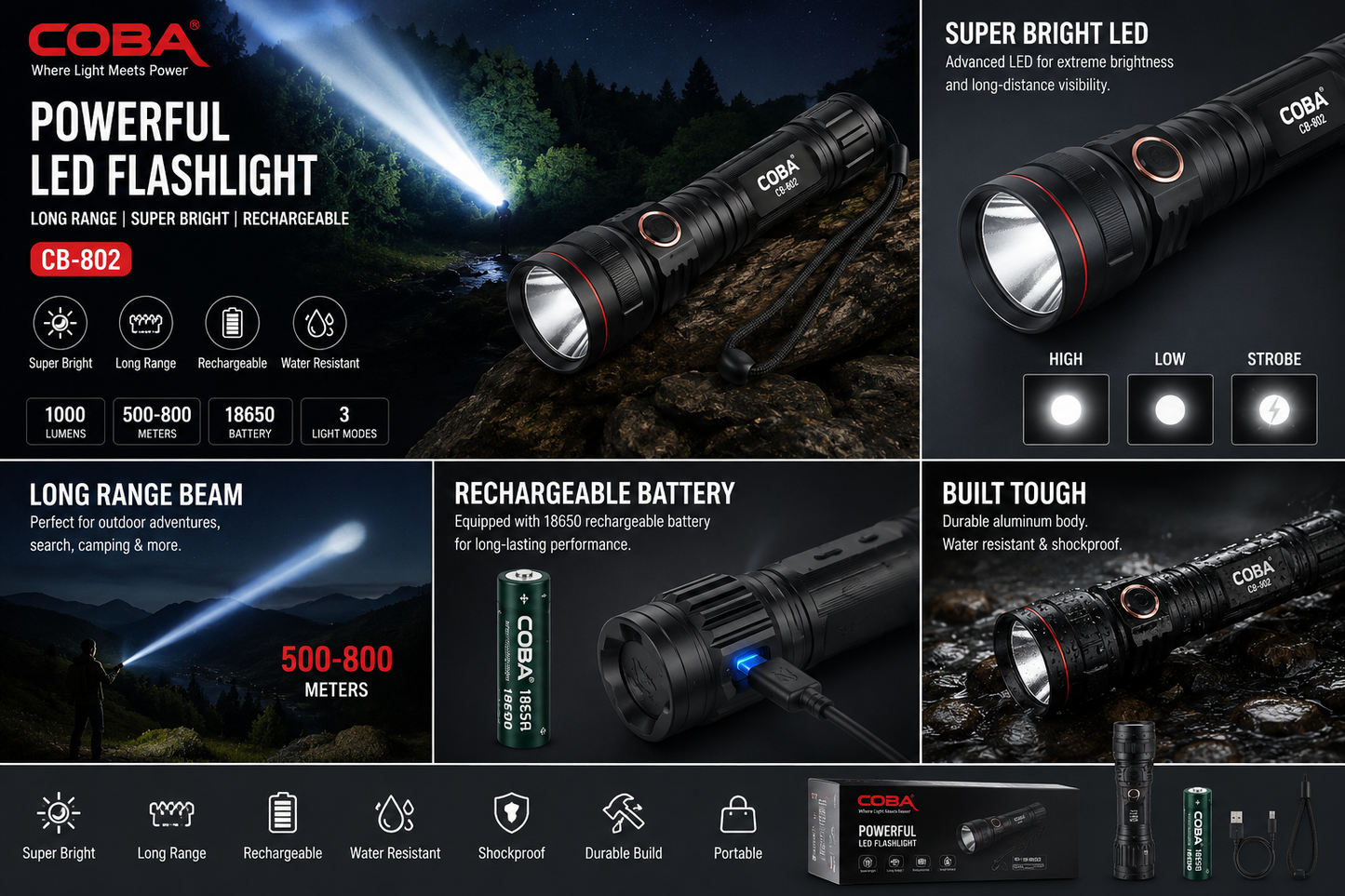 COBA Powerful Long Range Super Updated Model Led Flashlight - Torch CB-802