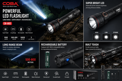 COBA Powerful Long Range Super Updated Model Led Flashlight - Torch CB-802